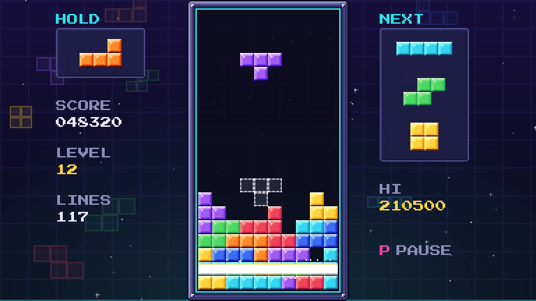 Block Drop gameplay: coloured falling blocks stacking in a well, with hold and next-piece boxes