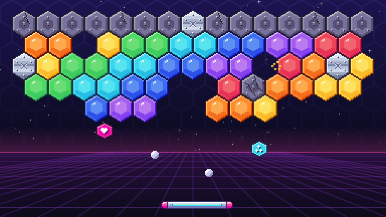 Hex Breaker gameplay: a paddle bouncing a ball into rows of glowing hexagonal bricks above a neon grid